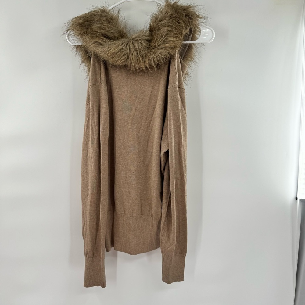 New York & Company brown silk blend cardigan with detachable faux fur collar L